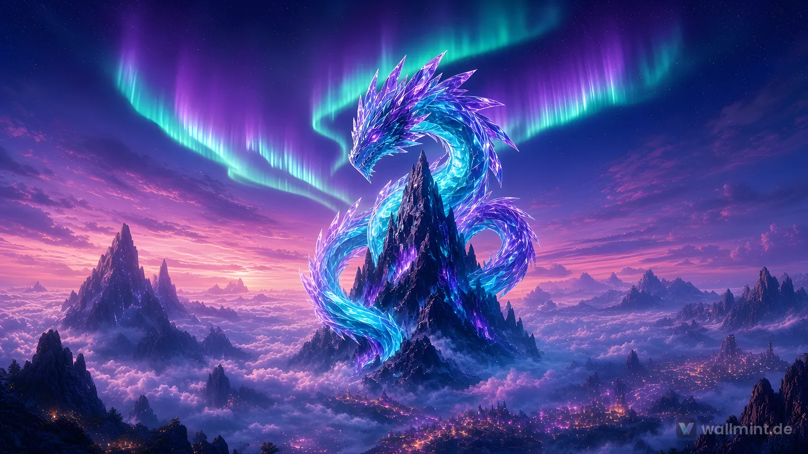 Glowing blue crystal dragon coiled around a mountain peak above the clouds under green and purple northern lights