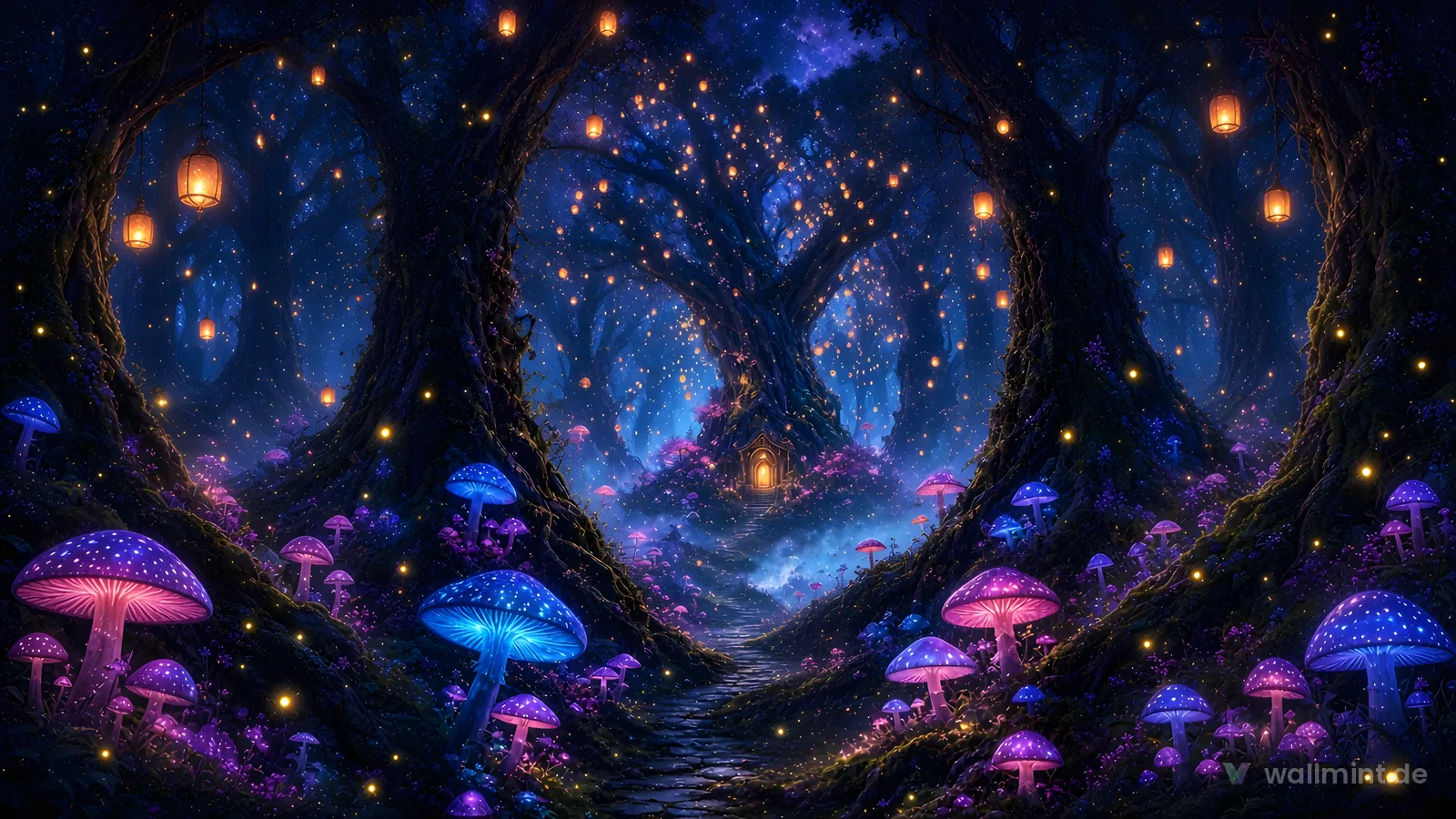 Enchanted night forest with floating lanterns, glowing mushrooms and a stone path leading to a lit door in an ancient tree