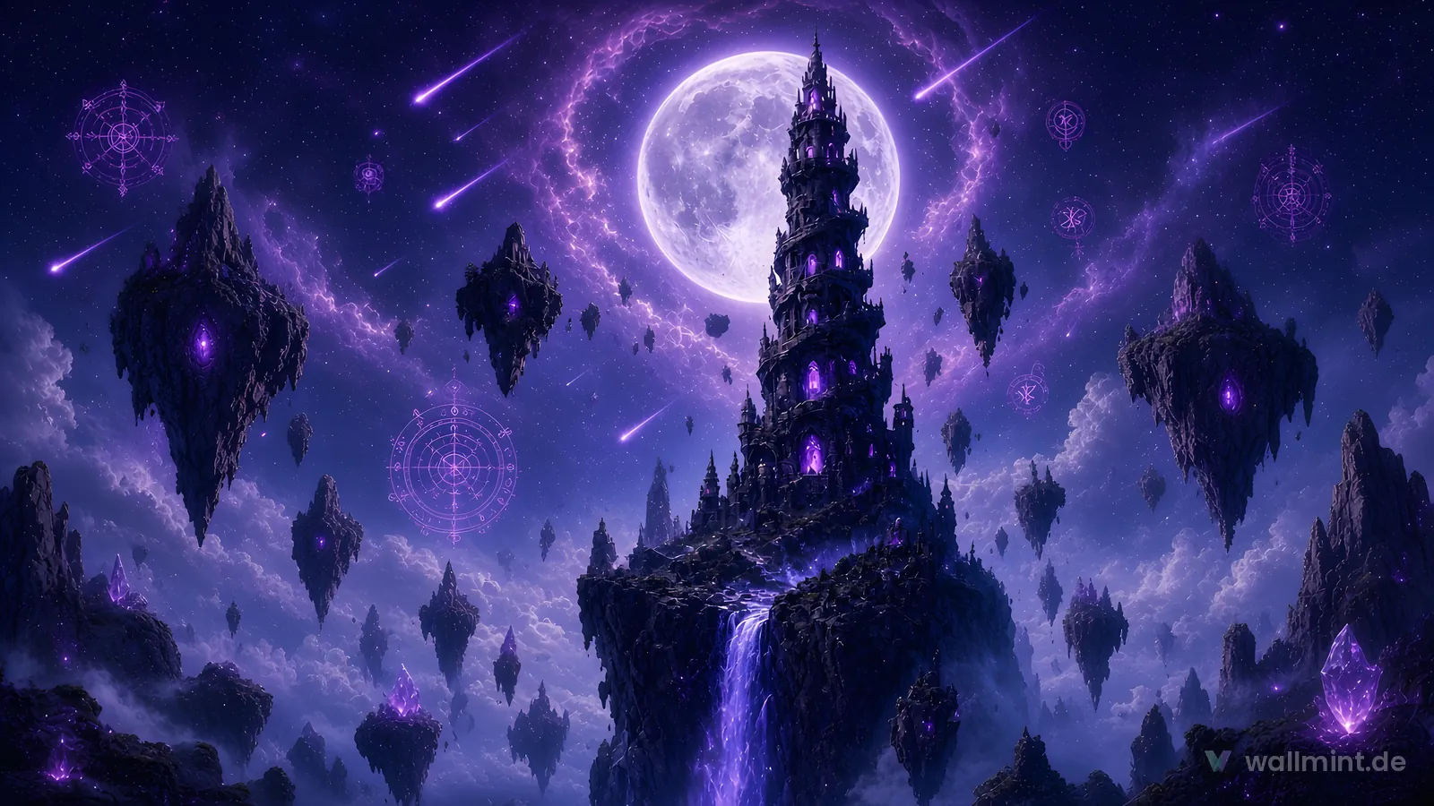 Dark wizard tower with glowing violet windows on a floating island in front of a giant full moon, surrounded by floating rocks and falling stars