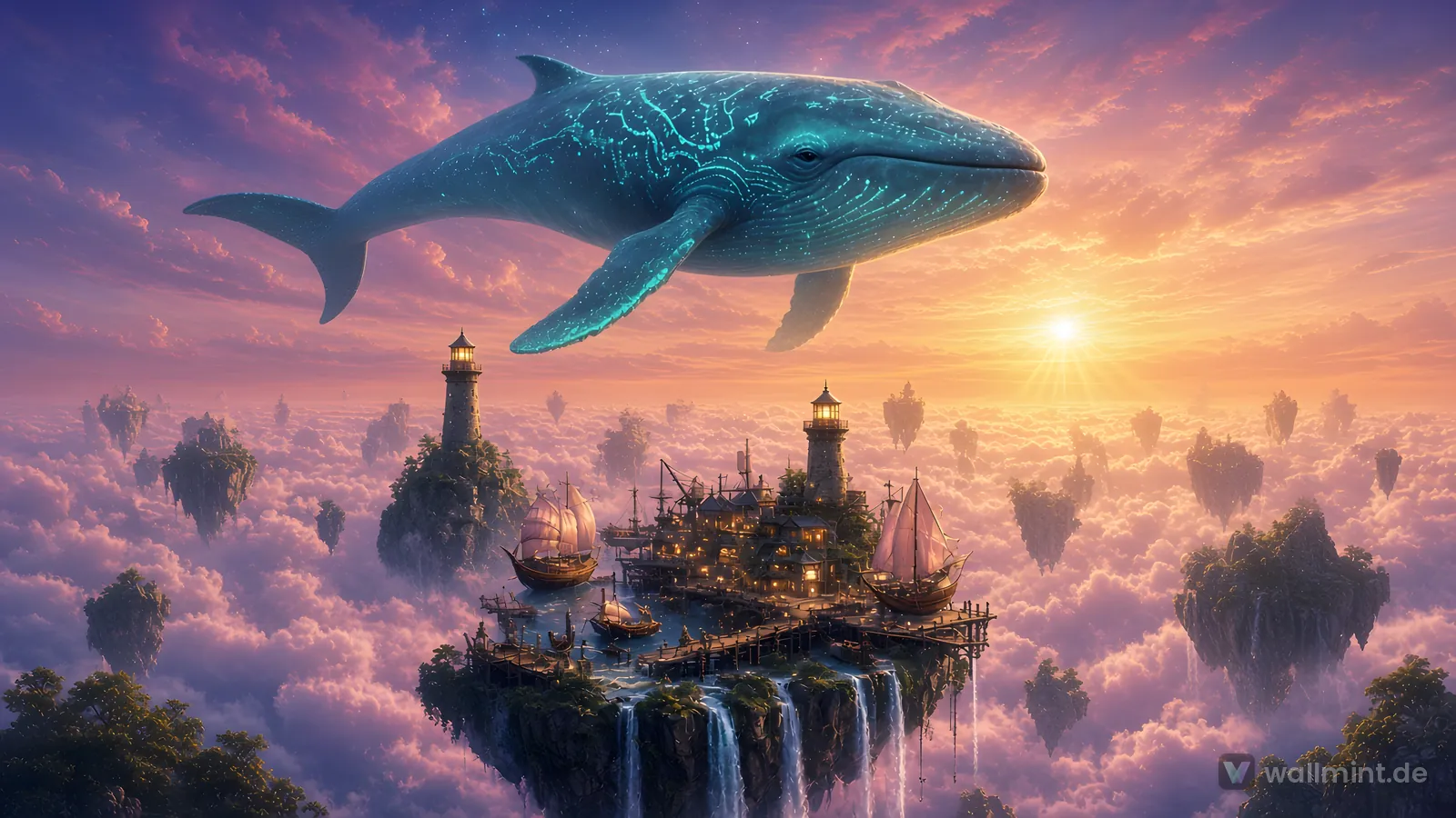 Glowing turquoise whale flying above a floating island harbor with lighthouses and airships at sunset