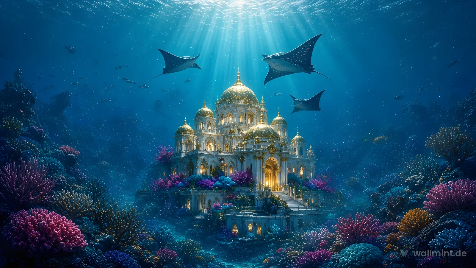 Golden domed palace on the ocean floor between colorful coral reefs, with sun rays and manta rays above